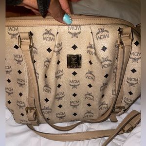 MCM Beige Monogram Leather Shopper Bag